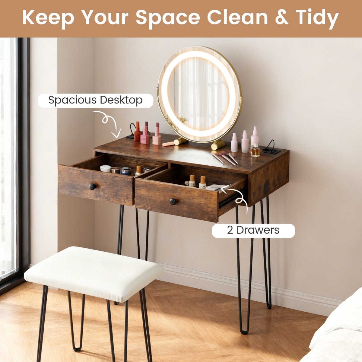 Livsk costway wastafelmeubel met draaibare spiegel en verlichting wastafelmeubel met beklede kruk 2