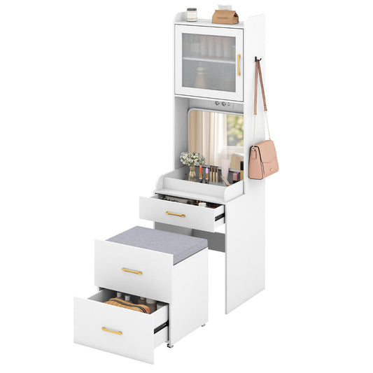 Livsk costway wastafelmeubel met opklapbare spiegel ruimtebesparende kaptafel met lades en kasten met een verplaatsbare opbergkruk