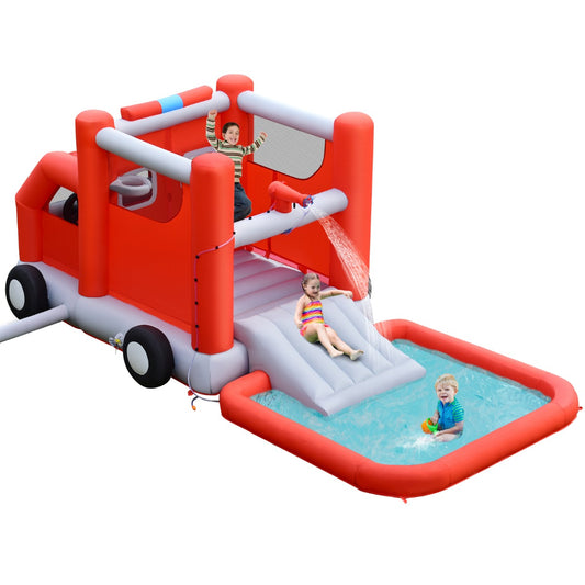 LIVSK Opblaasbare Waterglijbaan Brandweer - Geschikt voor 3 Kinderen - Duurzaam Oxford - Tot 135 kg - 564 x 268 x 212 cm - Blauw
