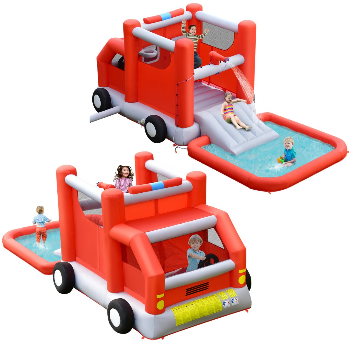 LIVSK Opblaasbare Waterglijbaan Brandweer - Geschikt voor 3 Kinderen - Duurzaam Oxford - Tot 135 kg - 564 x 268 x 212 cm - Blauw