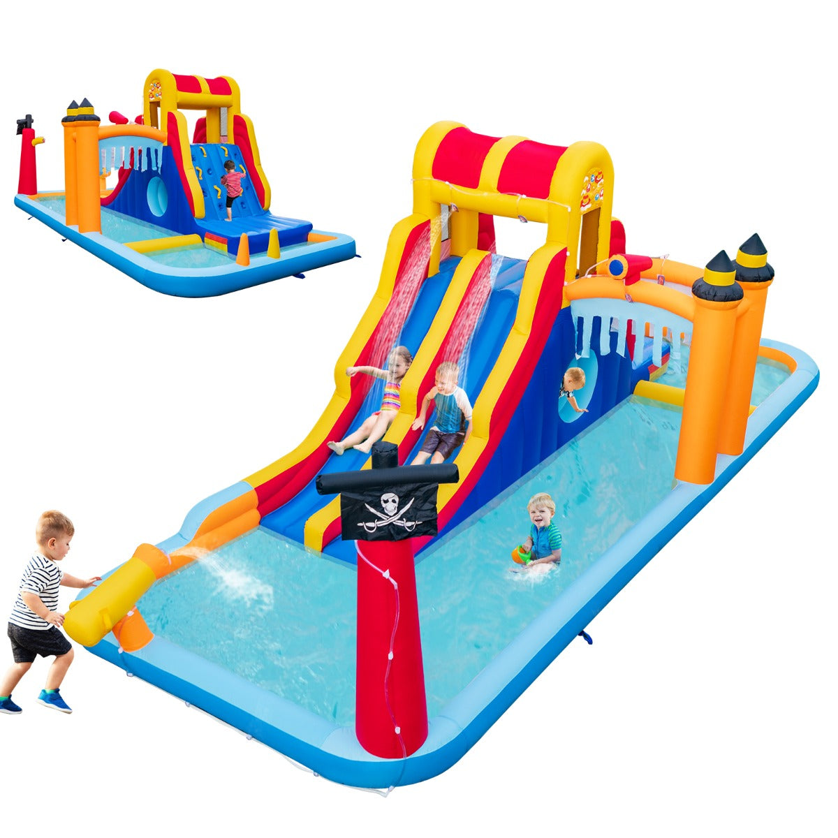 LIVSK Opblaasbaar Waterpark met Dubbele Glijbaan - Klimwand - Waterkanon - Ringwerpen - Voor 3 tot 10 jaar - Stevig Gaas - Blauw