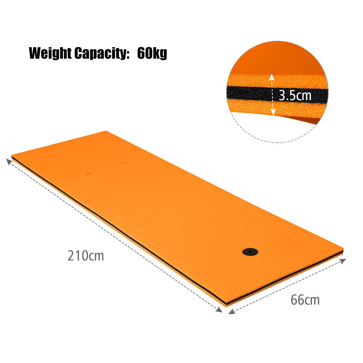 LIVSK Drijvende Watermatras - 3-laags Scheurvast XPE-schuim - Draagvermogen 60 kg - Oprolbaar Kussen - 210 x 66 cm - Oranje +