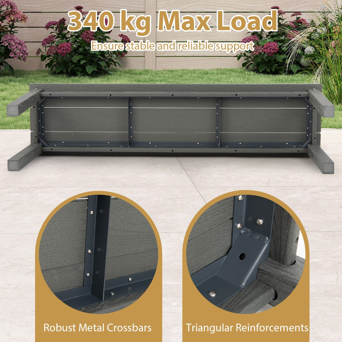LIVSK Weerbestendige Tuinbank - 3-zits - 70% Voorgemonteerd - HDPE - Draagcapaciteit 340 kg - Grijs