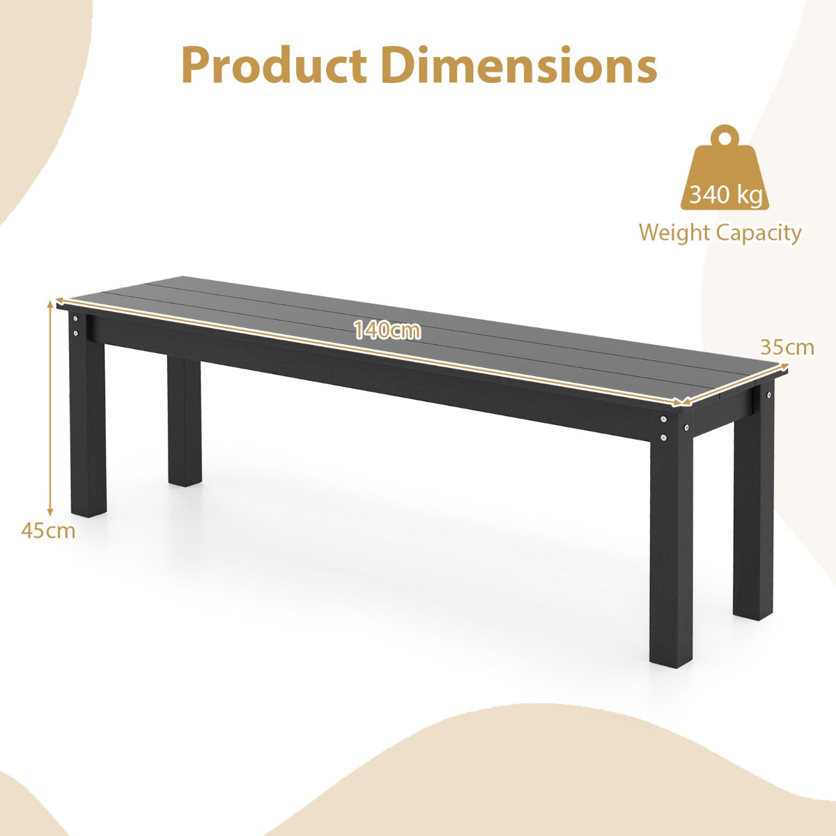LIVSK Weerbestendige Tuinbank - 3-zits - Robuust en Onderhoudsvriendelijk - Tot 340 kg - 140 x 35 x 45 cm - Zwart