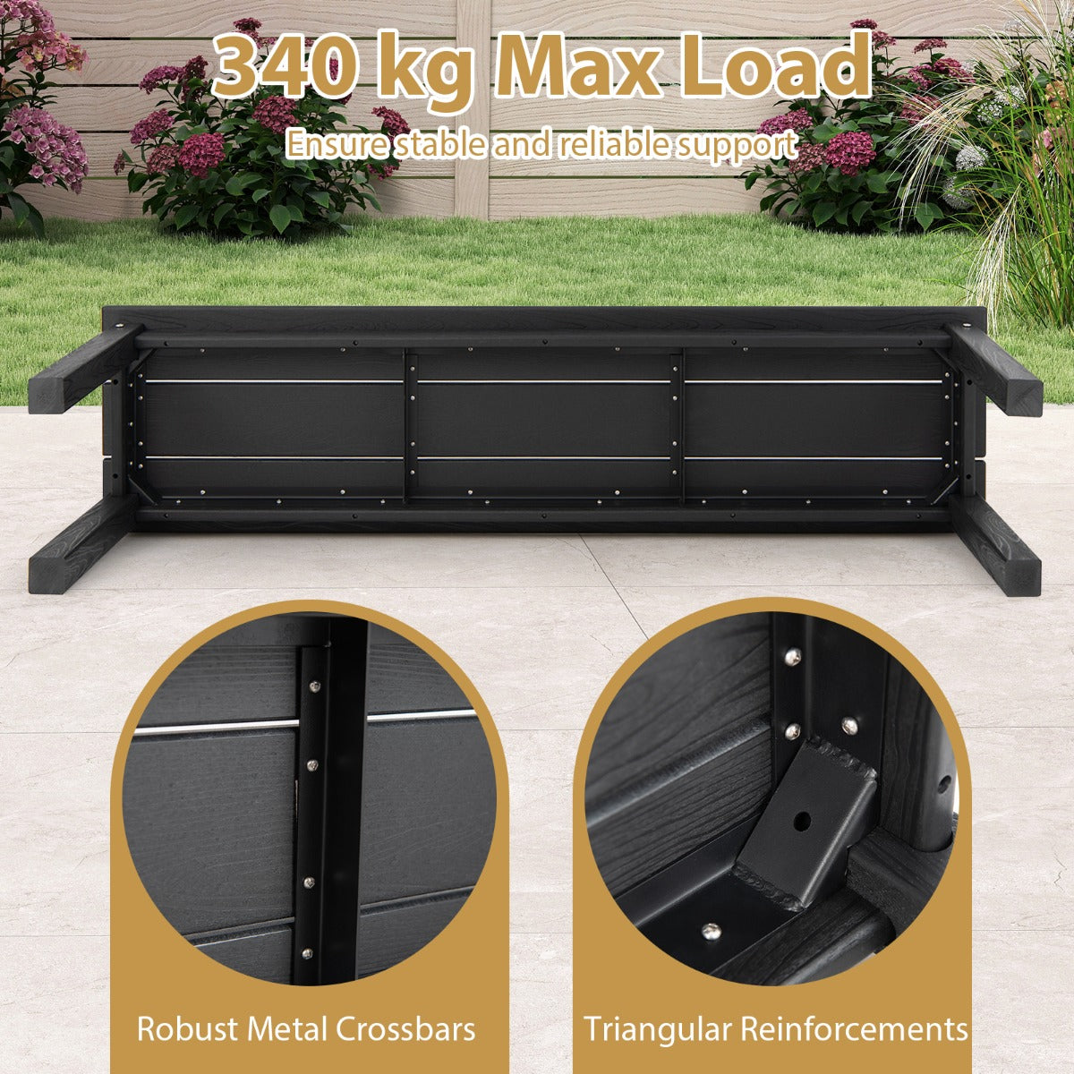 LIVSK Weerbestendige Tuinbank - 3-zits - Robuust en Onderhoudsvriendelijk - Tot 340 kg - 140 x 35 x 45 cm - Zwart