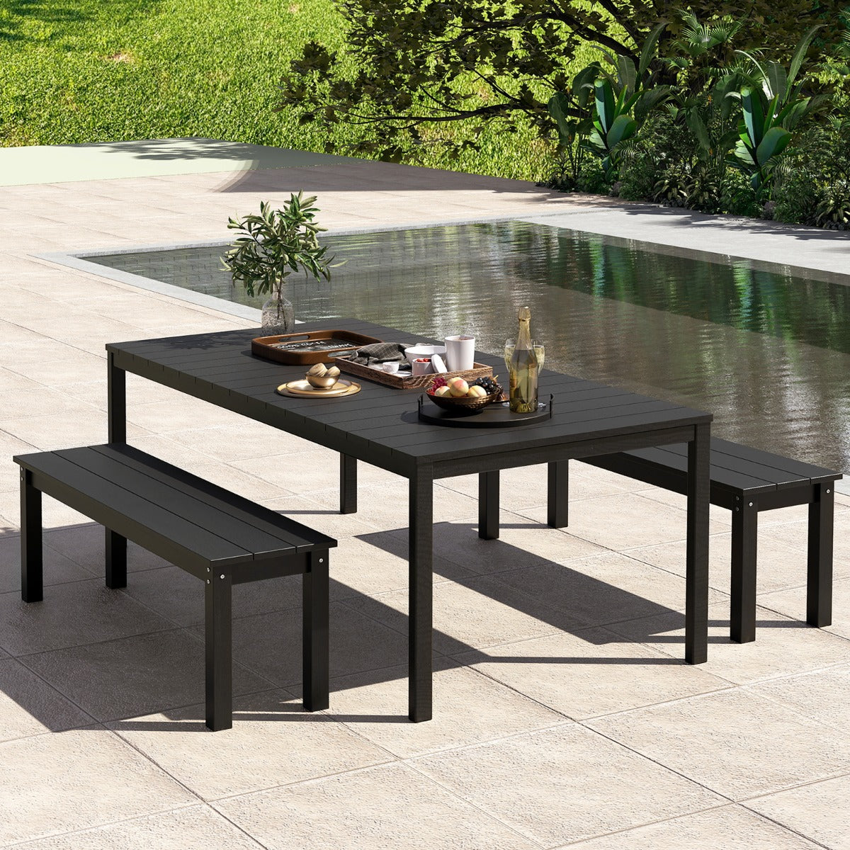 LIVSK Weerbestendige Tuinbank - 3-zits - Robuust en Onderhoudsvriendelijk - Tot 340 kg - 140 x 35 x 45 cm - Zwart
