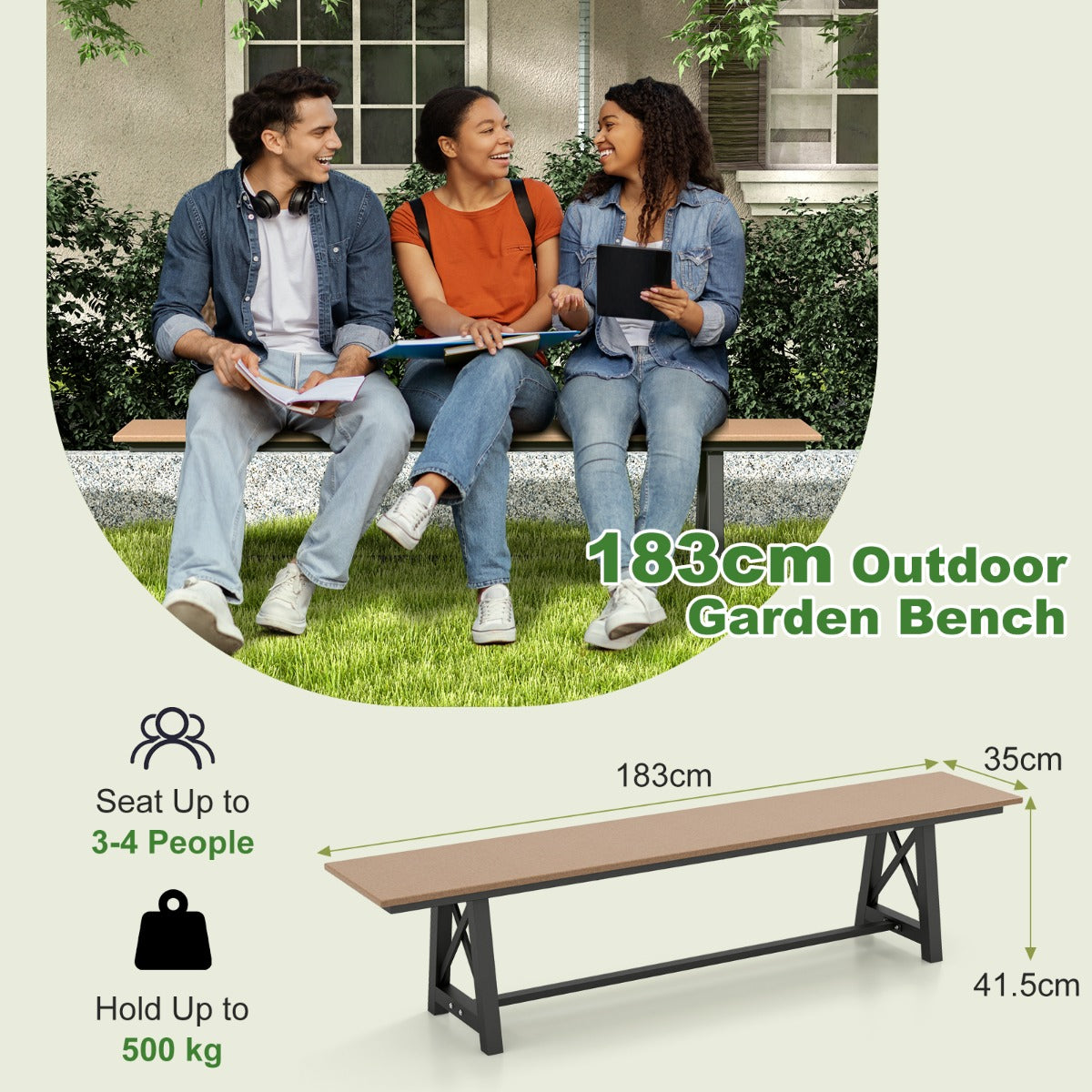 LIVSK Tuinbank zonder Rugleuning - Weerbestendig HDPE - Draagvermogen tot 500 kg - 183 x 35 x 41,5 cm - Bruin en Zwart
