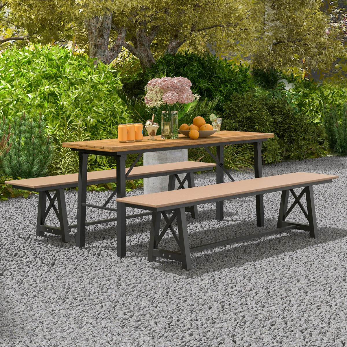 LIVSK Tuinbank zonder Rugleuning - Weerbestendig HDPE - Draagvermogen tot 500 kg - 183 x 35 x 41,5 cm - Bruin en Zwart