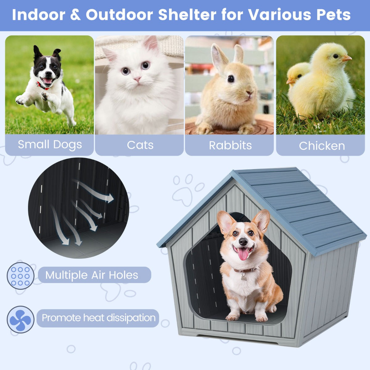 LIVSK Weersbestendig Kattenhuis - Modern Design - Ruime Ingang - Optimale Ventilatie - Voor Binnen en Buiten - Blauw + Grijs