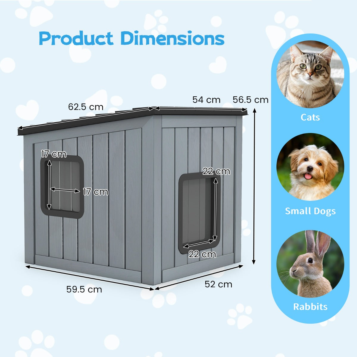LIVSK Kattenhuis - Weersbestendig PP - Schuin Dak - Dubbele PVC-deuren - Voor Binnen/Buiten - 62,5 x 54 x 56,5 cm - Grijs