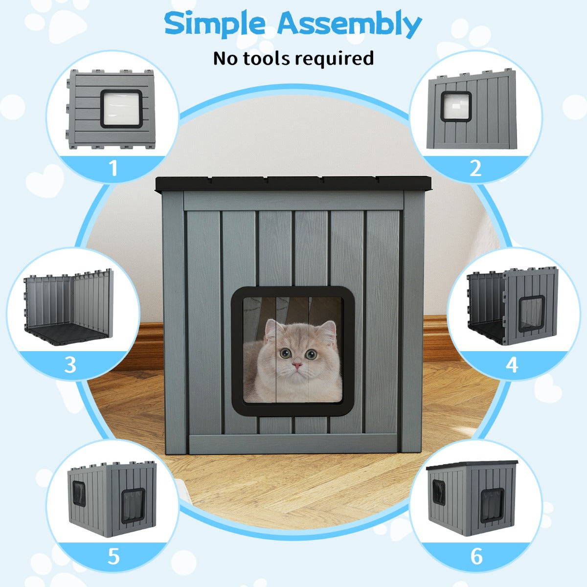 LIVSK Kattenhuis - Weersbestendig PP - Schuin Dak - Dubbele PVC-deuren - Voor Binnen/Buiten - 62,5 x 54 x 56,5 cm - Grijs