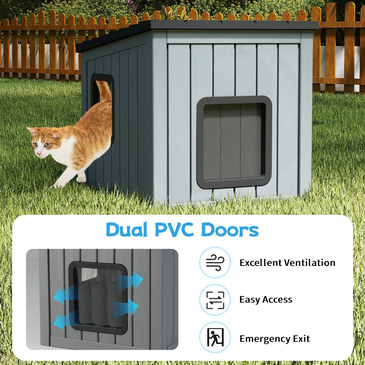 LIVSK Kattenhuis - Weersbestendig PP - Schuin Dak - Dubbele PVC-deuren - Voor Binnen/Buiten - 62,5 x 54 x 56,5 cm - Grijs