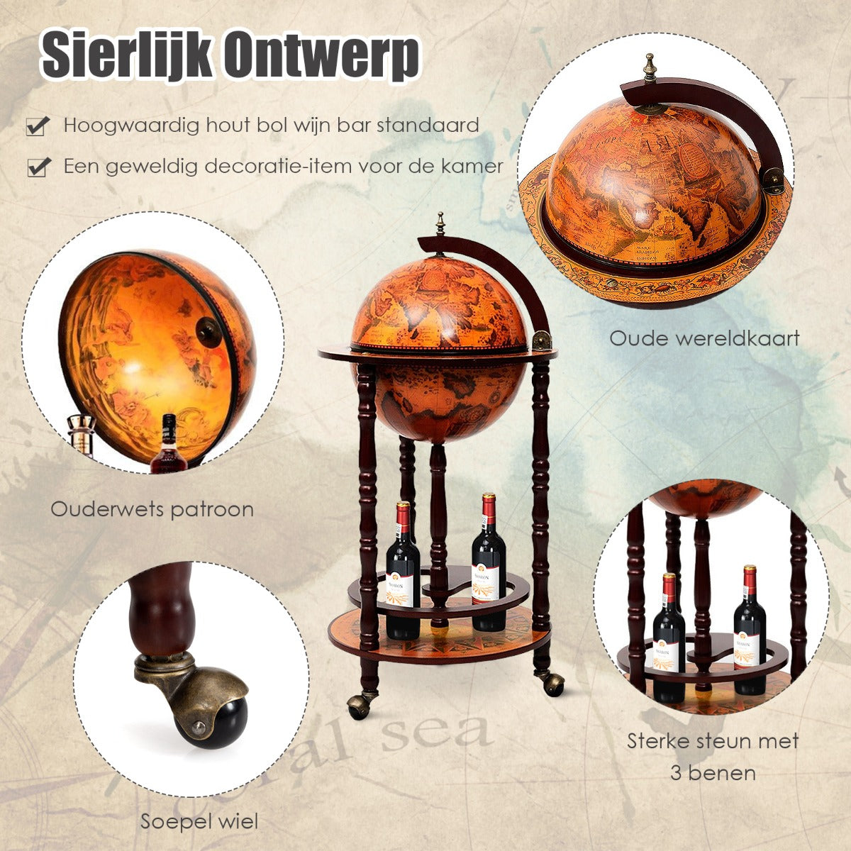 LIVSK Italiaans Wijnrek - Massief Hout met Handgeschilderde Fresco's - Met Wielen - Stijlvol en Praktisch - 45 x 45 x 88 cm -