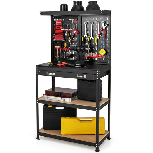 LIVSK Werkbank met Pegboard - Robuust Metaal - Ergonomisch Werkblad - Veelzijdige Opbergruimte - 81 x 41 x 155 cm - Zwart + Rood