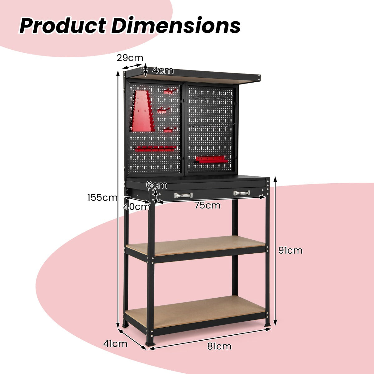 LIVSK Werkbank met Pegboard - Robuust Metaal - Ergonomisch Werkblad - Veelzijdige Opbergruimte - 81 x 41 x 155 cm - Zwart + Rood