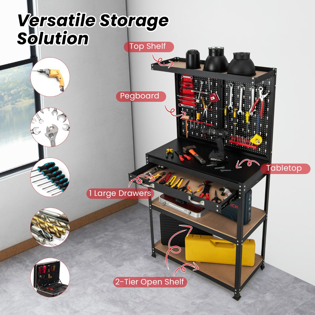 LIVSK Werkbank met Pegboard - Robuust Metaal - Ergonomisch Werkblad - Veelzijdige Opbergruimte - 81 x 41 x 155 cm - Zwart + Rood