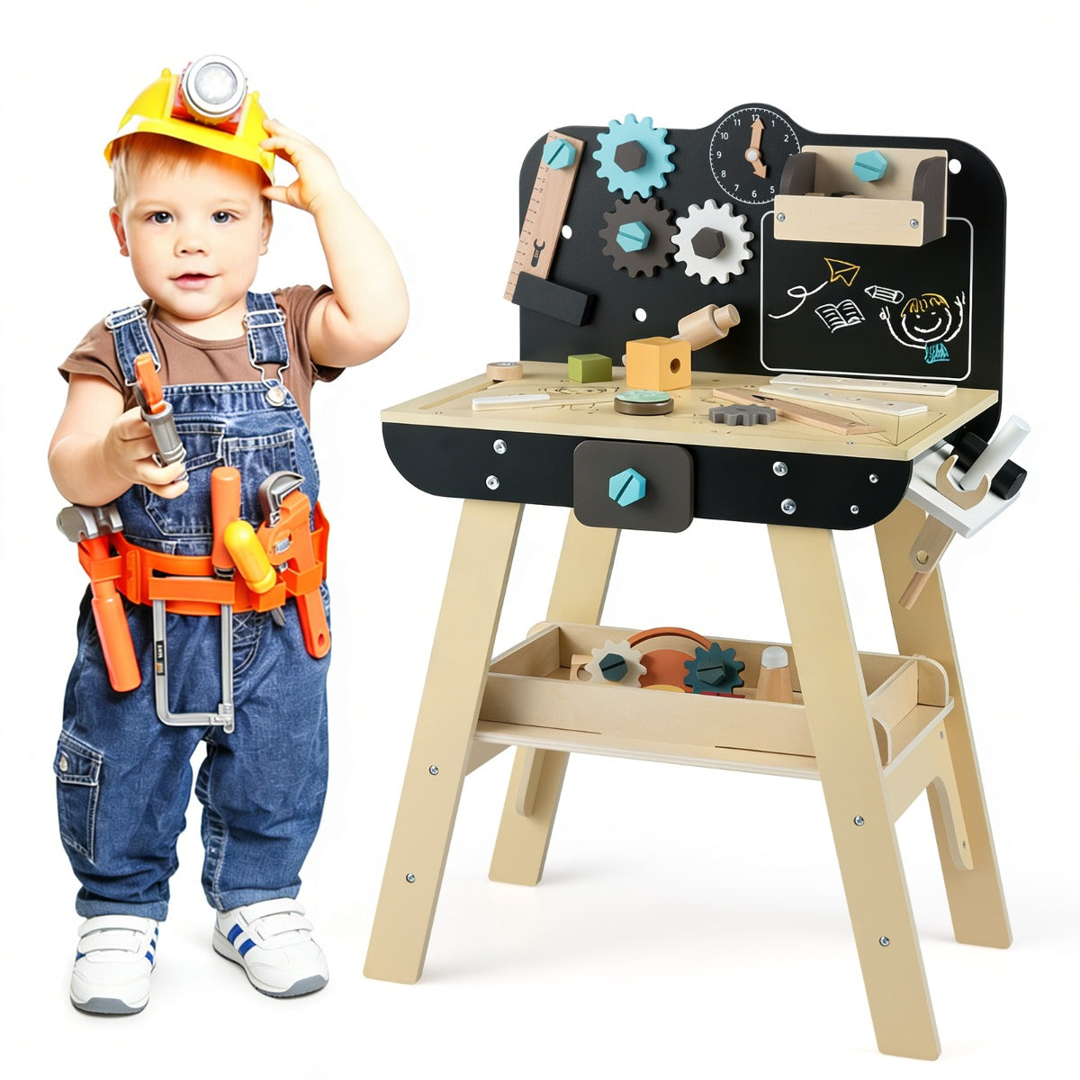 Livsk costway werkbank voor kinderen houten bouwatelier met speelgoedgereedschap accessoires opbergrekken schoolbord 1 1