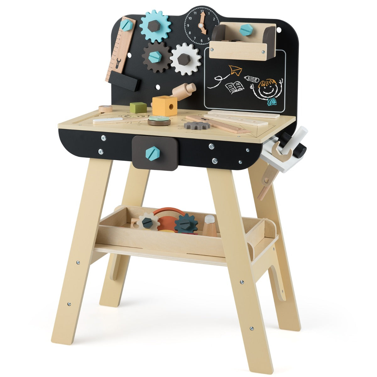Livsk costway werkbank voor kinderen houten bouwatelier met speelgoedgereedschap accessoires opbergrekken schoolbord