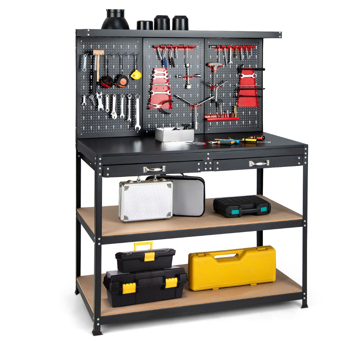 LIVSK Geperforeerde Werkbank - Robuust Metaal - 2 Laden - Gereedschapshouders - Tot 435 kg - 121 x 61 x 156 cm - Zwart