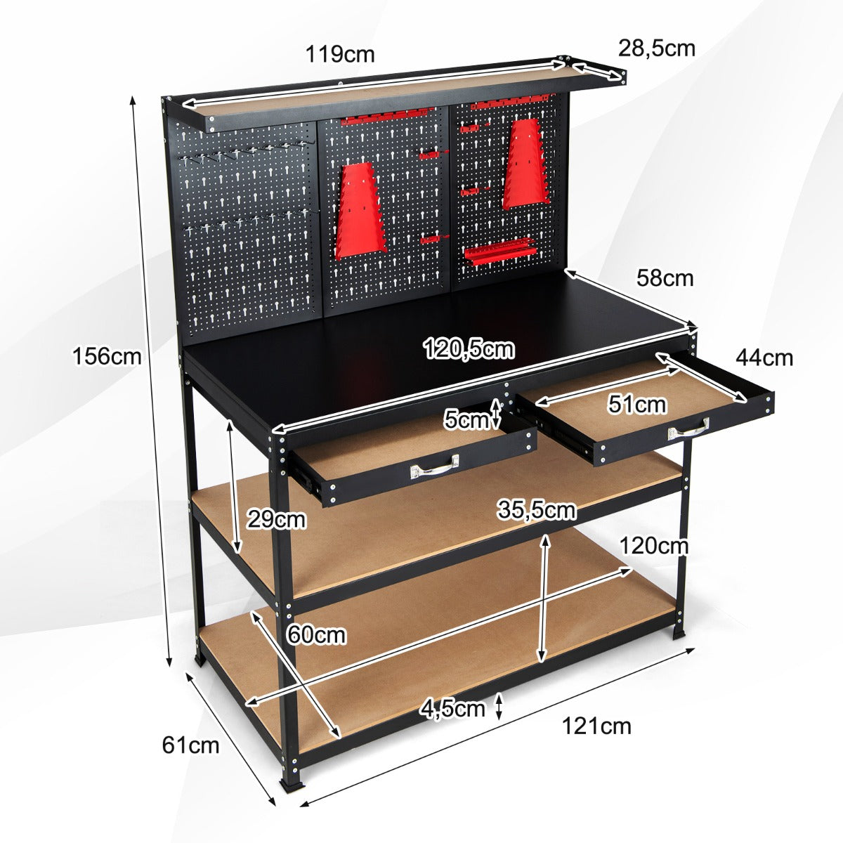 LIVSK Geperforeerde Werkbank - Robuust Metaal - 2 Laden - Gereedschapshouders - Tot 435 kg - 121 x 61 x 156 cm - Zwart