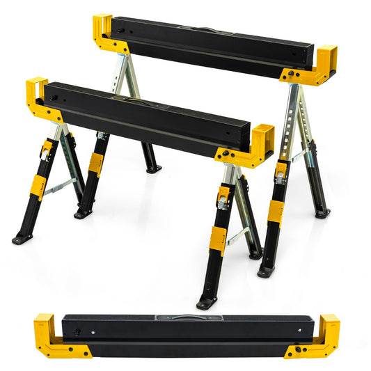 LIVSK Inklapbare Zaagbokken Set van 2 - Verstelbaar in 9 Hoogtes - Antislip - Draagbaar - Tot 1180 kg - Zwart/Geel