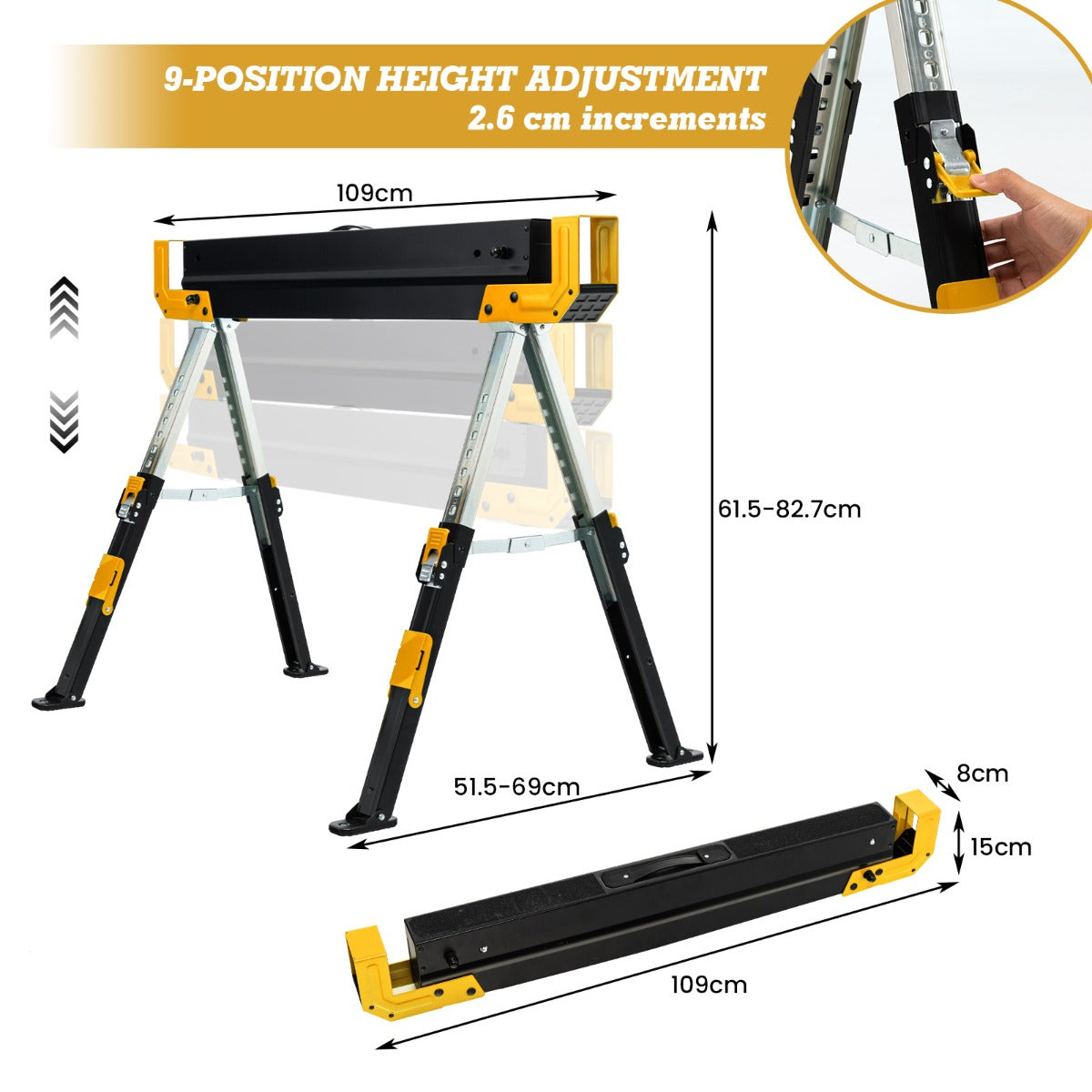 LIVSK Inklapbare Zaagbokken Set van 2 - Verstelbaar in 9 Hoogtes - Antislip - Draagbaar - Tot 1180 kg - Zwart/Geel