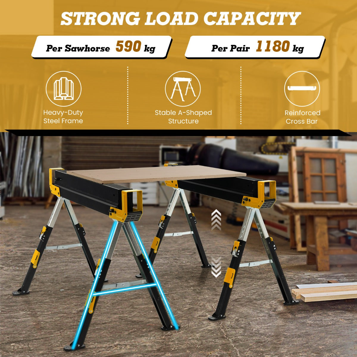 LIVSK Inklapbare Zaagbokken Set van 2 - Verstelbaar in 9 Hoogtes - Antislip - Draagbaar - Tot 1180 kg - Zwart/Geel