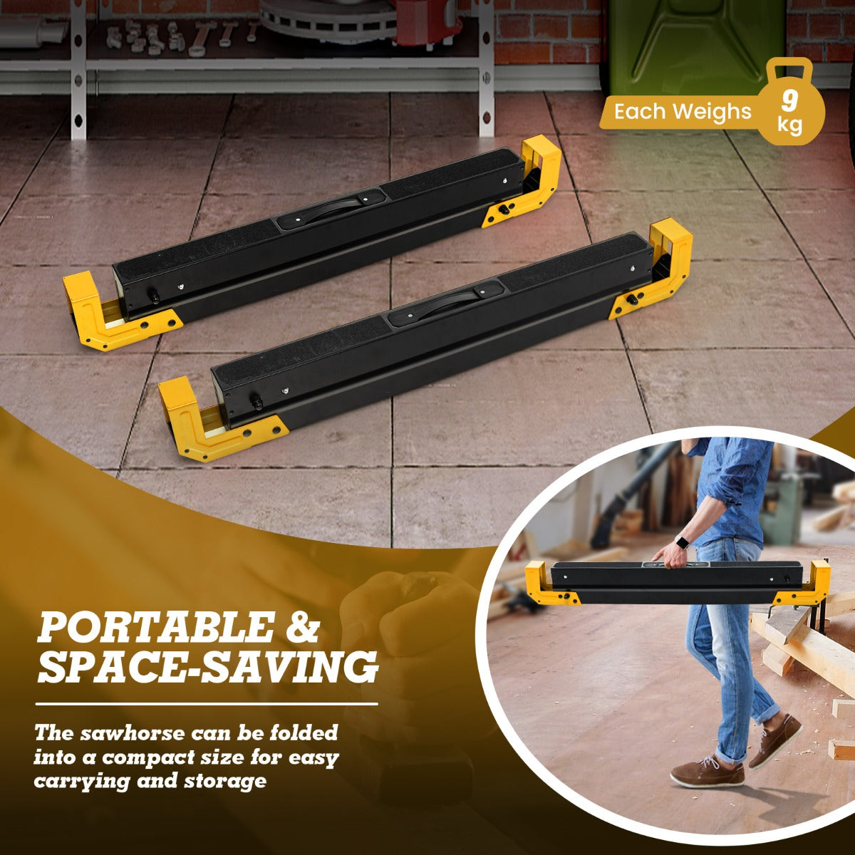 LIVSK Inklapbare Zaagbokken Set van 2 - Verstelbaar in 9 Hoogtes - Antislip - Draagbaar - Tot 1180 kg - Zwart/Geel