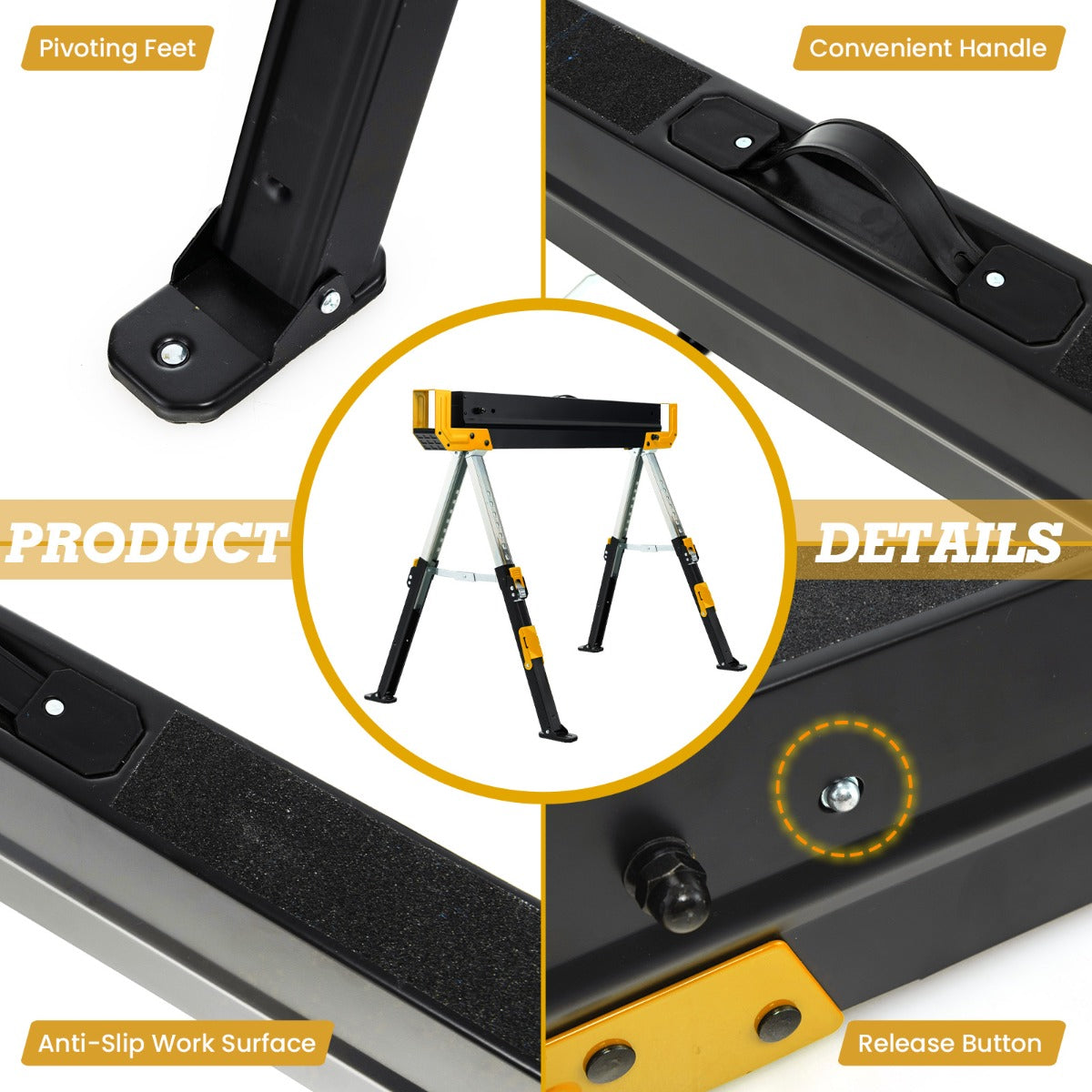 LIVSK Inklapbare Zaagbokken Set van 2 - Verstelbaar in 9 Hoogtes - Antislip - Draagbaar - Tot 1180 kg - Zwart/Geel