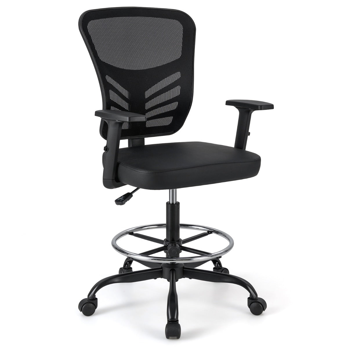 LIVSK Ergonomische Bureaustoel - Verstelbare Zithoogte 54-75 cm - S-vormige Rugleuning - Duurzaam Imitatieleer - Zwart