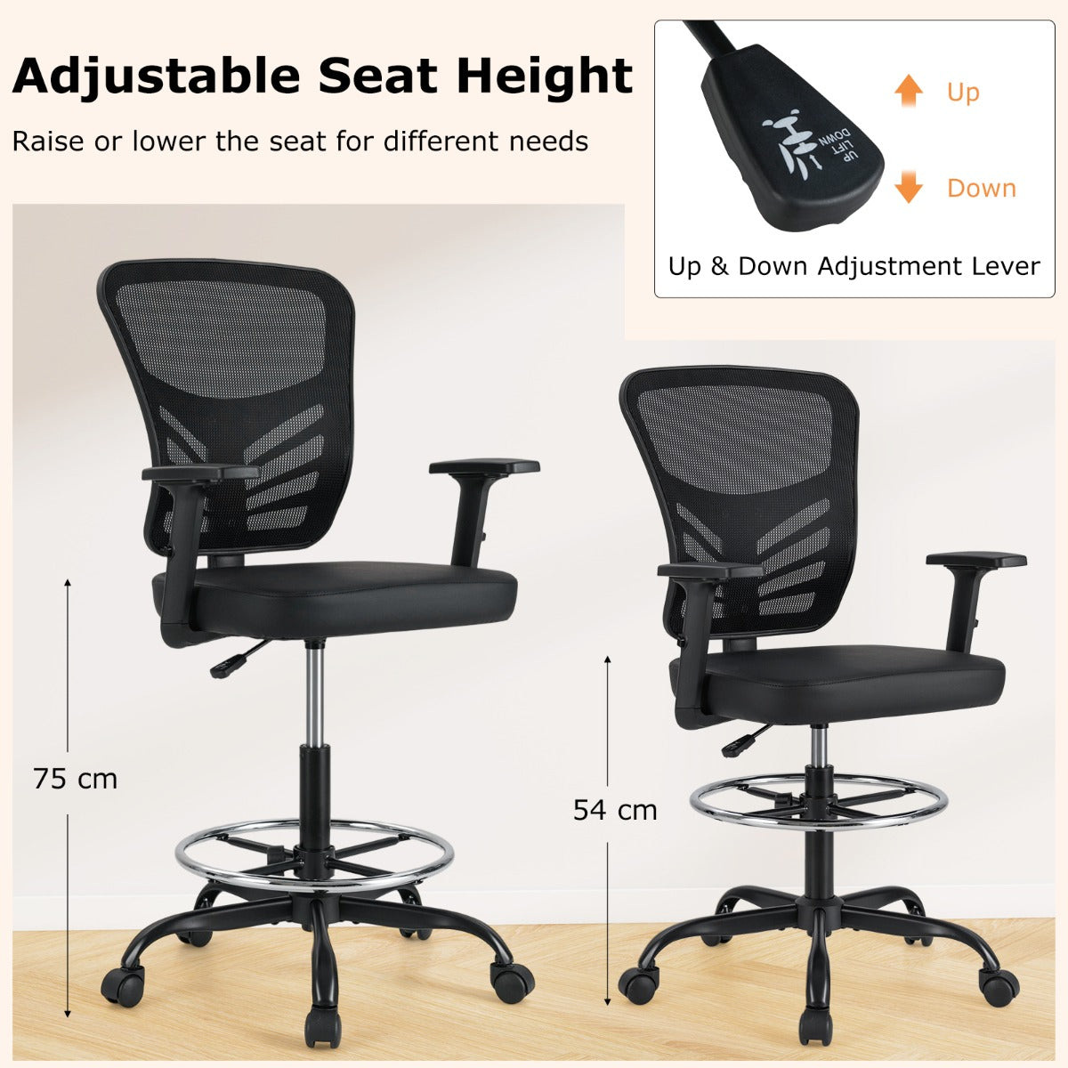LIVSK Ergonomische Bureaustoel - Verstelbare Zithoogte 54-75 cm - S-vormige Rugleuning - Duurzaam Imitatieleer - Zwart