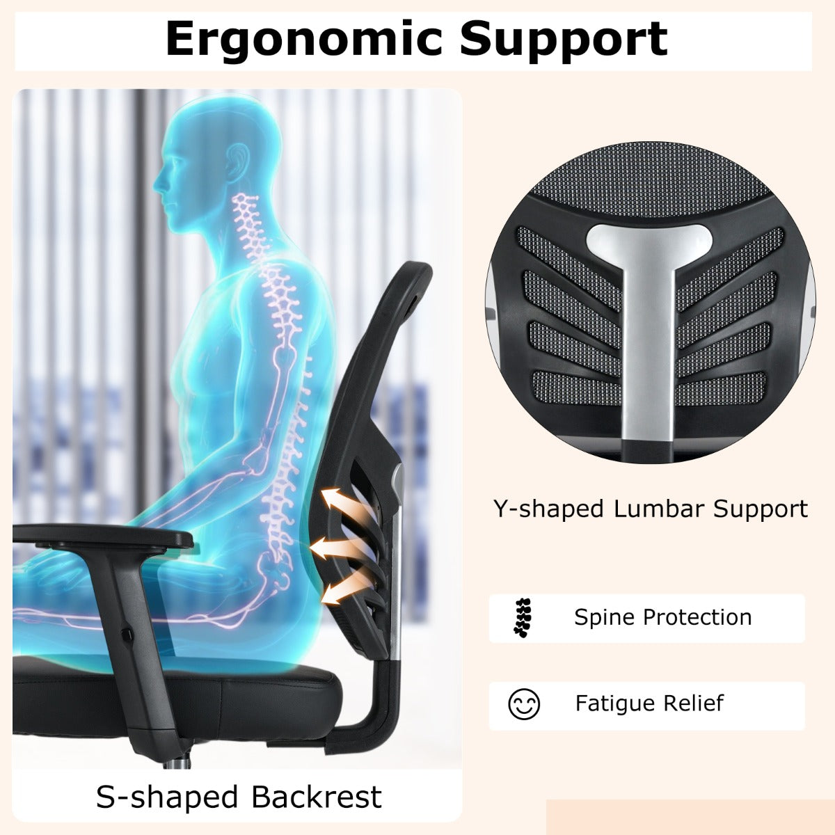 LIVSK Ergonomische Bureaustoel - Verstelbare Zithoogte 54-75 cm - S-vormige Rugleuning - Duurzaam Imitatieleer - Zwart