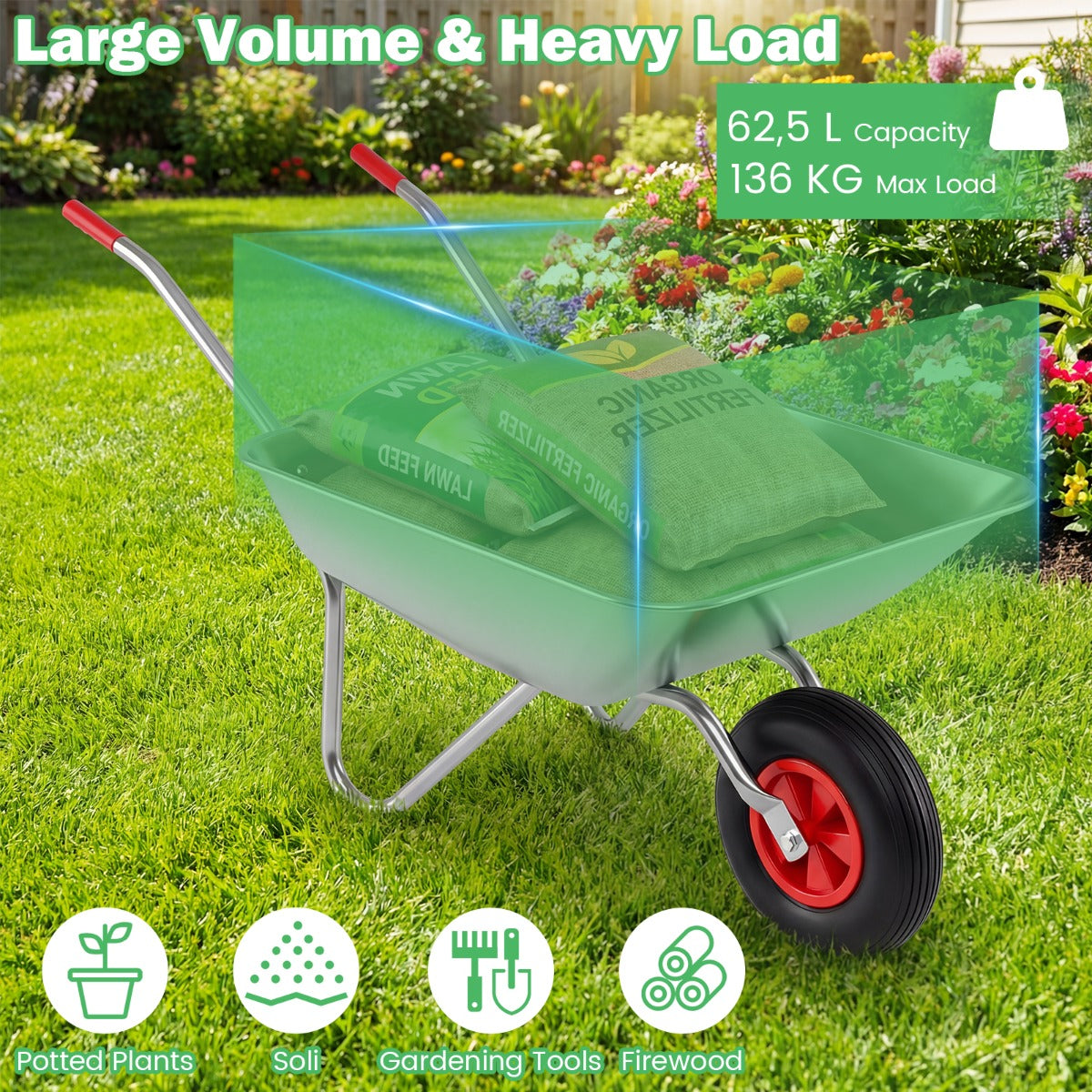 Livsk costway wielkar multifunctionele tuinkar met 2 handgrepen en grote rubberen band stevige metalen kiepwagen