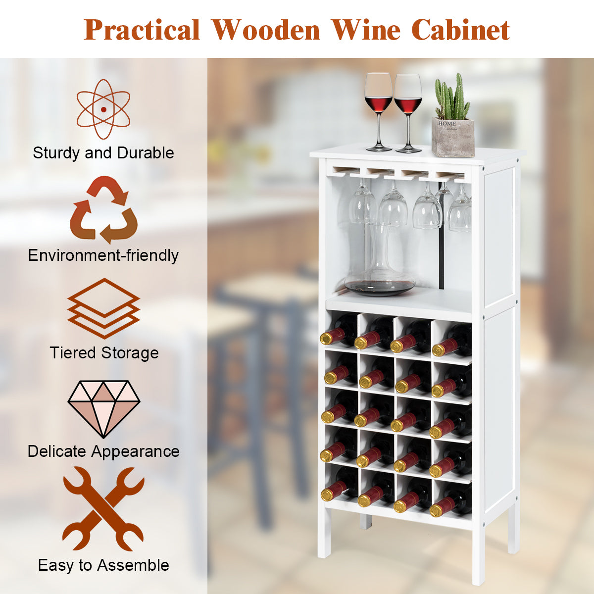 LIVSK Wijnkast voor 20 Flessen - Houten Wijnrek met Wijnglashouders en Extra Opbergkastje - Duurzaam MDF - Wit