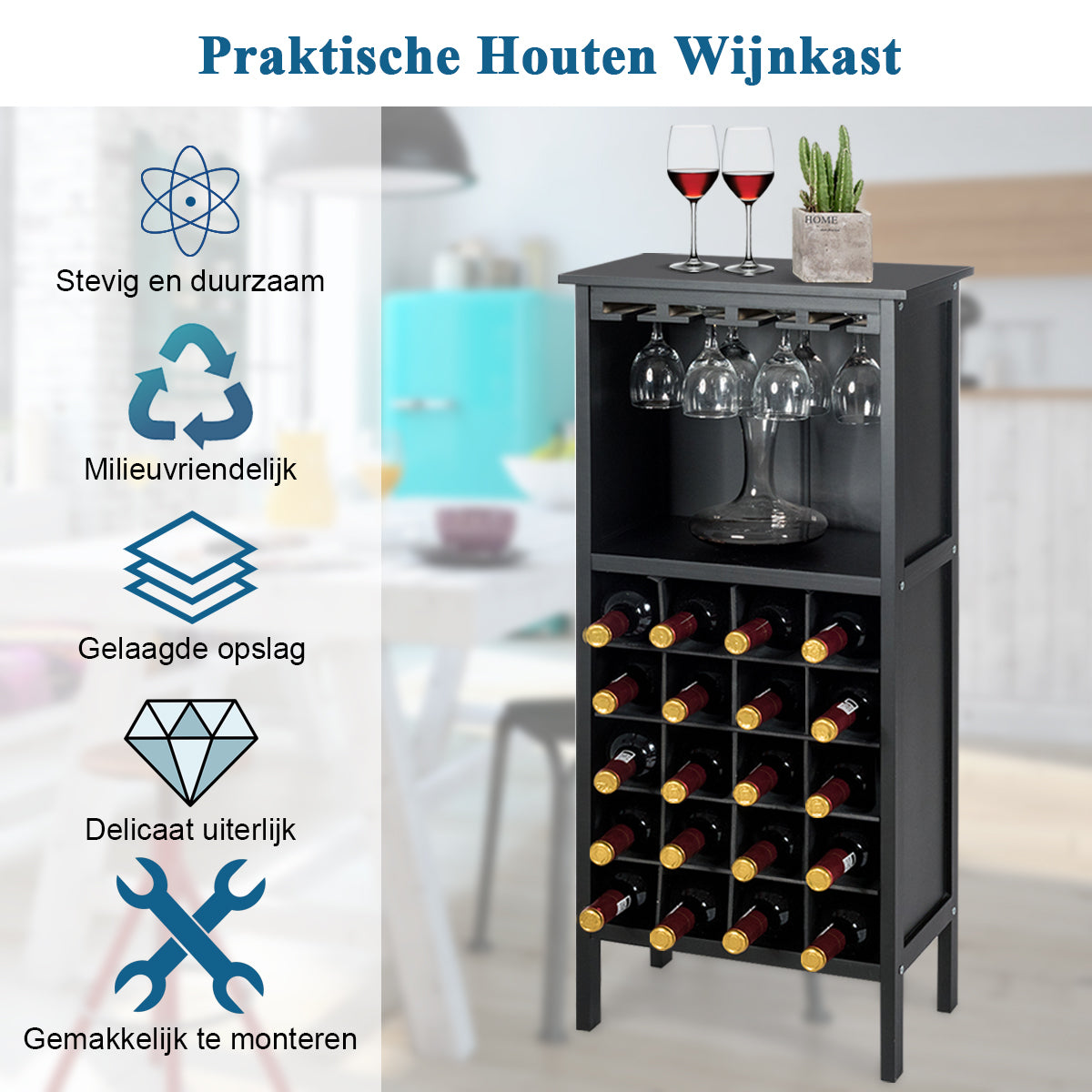 LIVSK Wijnkast Organisator - 20 Flessen - 5-laags Wijnrek met Glashouders - Duurzaam Houten Frame - 42 x 24,5 x 96 cm - Zwart