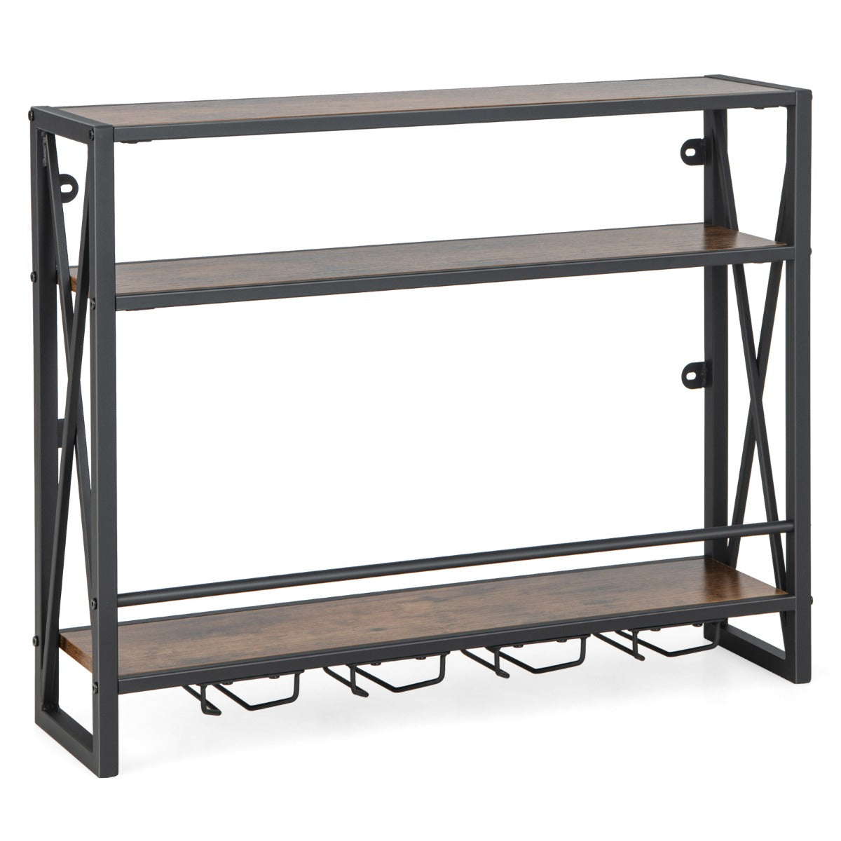 LIVSK Wandgemonteerd Wijnrek met Glashouder - 3 Legplanken - Robuust Metalen Frame - Ruimtebesparend - Industriële Stijl -