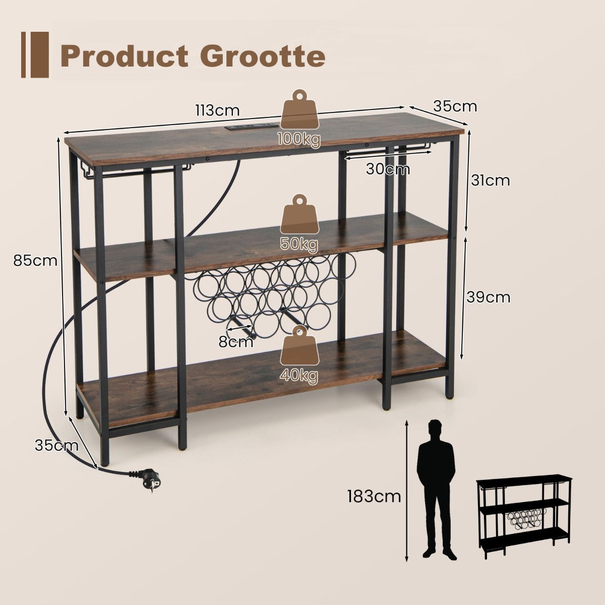 LIVSK Wijnrek met Geïntegreerd Laadstation - 3 Planken - 2 Glashouders - 15 Flessen - Industrieel Design - Bruin + Zwart