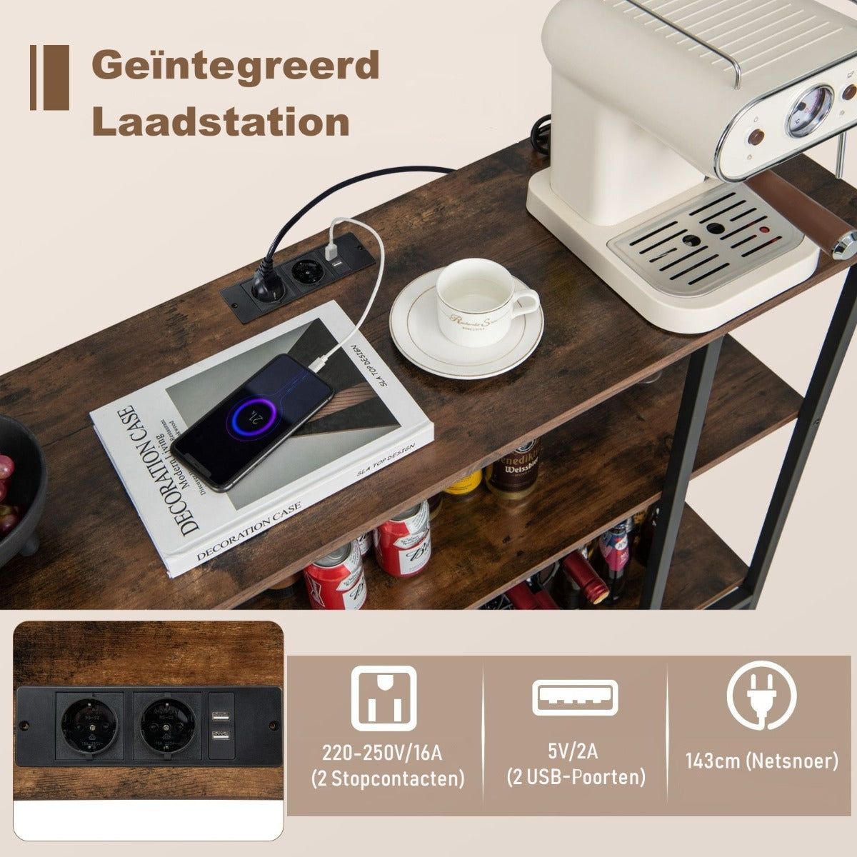 LIVSK Wijnrek met Geïntegreerd Laadstation - 3 Planken - 2 Glashouders - 15 Flessen - Industrieel Design - Bruin + Zwart