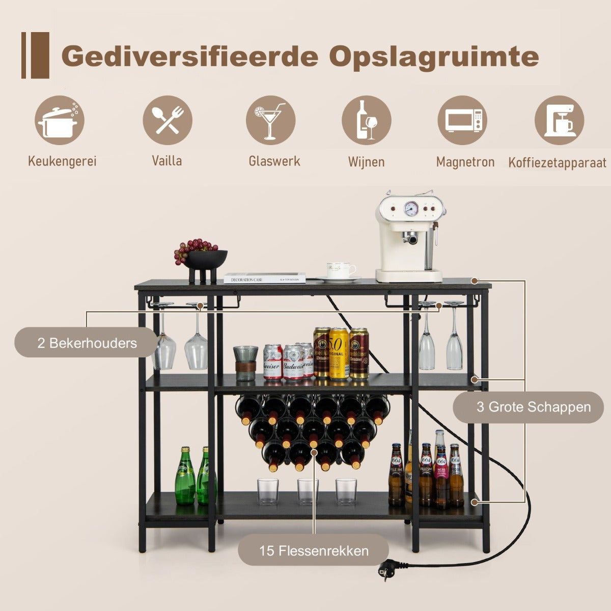LIVSK Wijnrek met Geïntegreerd Laadstation - 3 Planken - 2 Glashouders - 15 Flessen - Verstelbare Voetjes - Grijs + Zwart