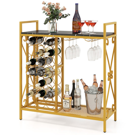 LIVSK Wijnstandaard - 21 Flessen en 6 Glazen - Houten Werkblad 93 x 38 cm - Metalen Frame - Verstelbare Voetjes - Goud