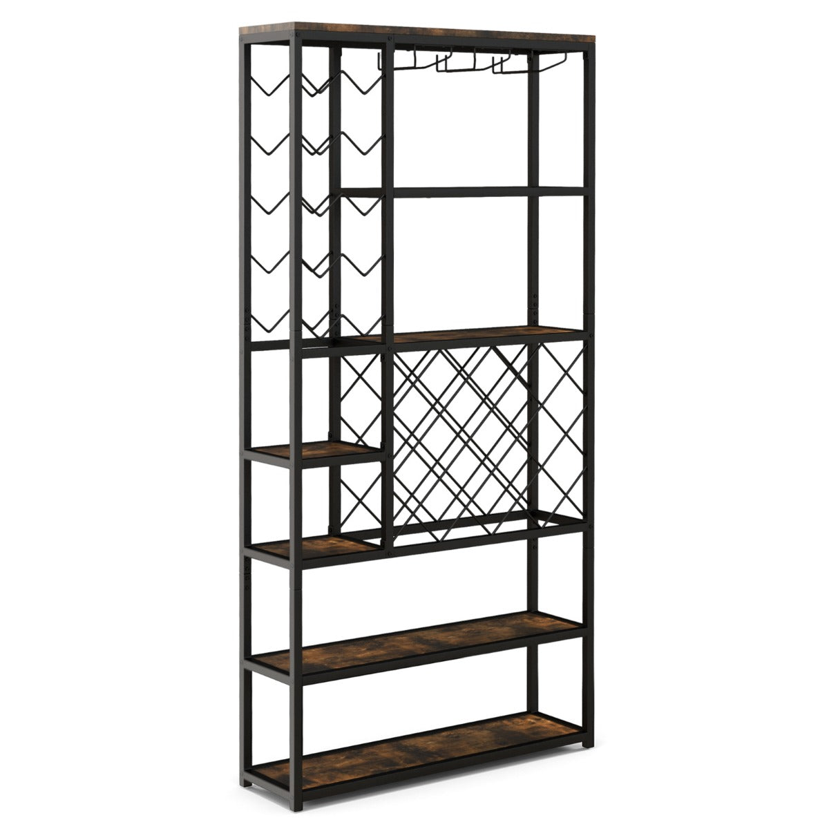 LIVSK Vrijstaand Wijnrek - 27 Flessen - 12 Glashouders - Stevig Metaal - Voor Thuisbar - 81 x 23 x 166 cm - Rustiek bruin + Zwart