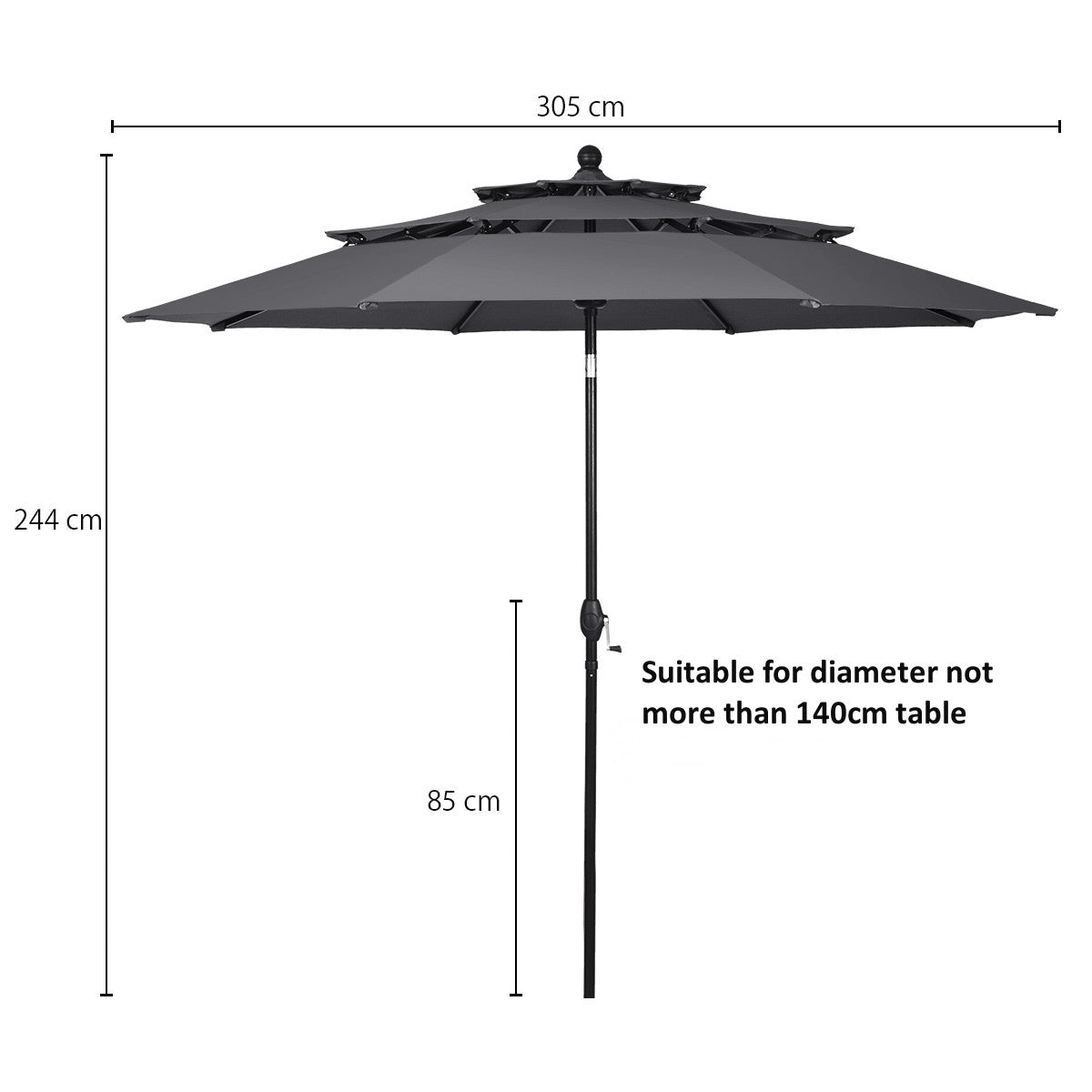 LIVSK Buitenparasol 300 cm - Drietraps met Zwengelbediening - Dubbele Ventilatie - Aluminium - Waterafstotend - Grijs