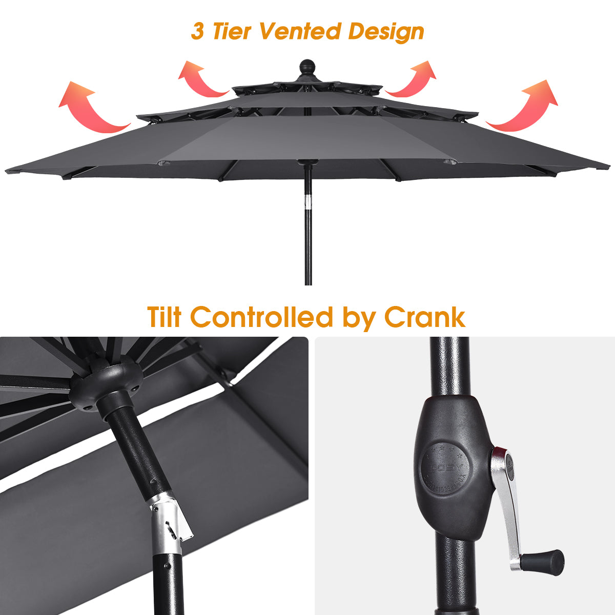 LIVSK Buitenparasol 300 cm - Drietraps met Zwengelbediening - Dubbele Ventilatie - Aluminium - Waterafstotend - Grijs