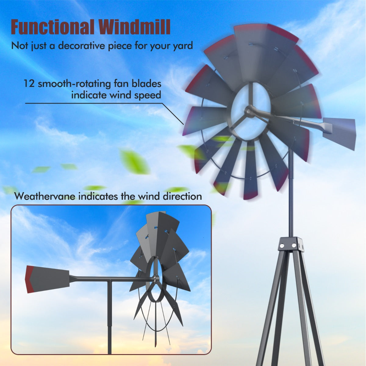 Livsk costway winmolen hoogte 253 cm weerbestendige windmolen van metaal tuindecoratie voor tuin erf en boerderij grijs