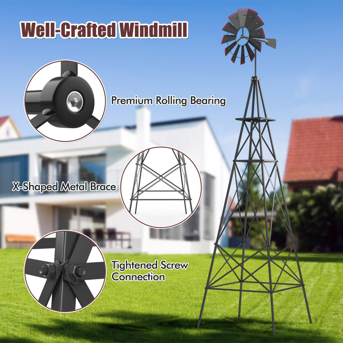 Livsk costway winmolen hoogte 253 cm weerbestendige windmolen van metaal tuindecoratie voor tuin erf en boerderij grijs