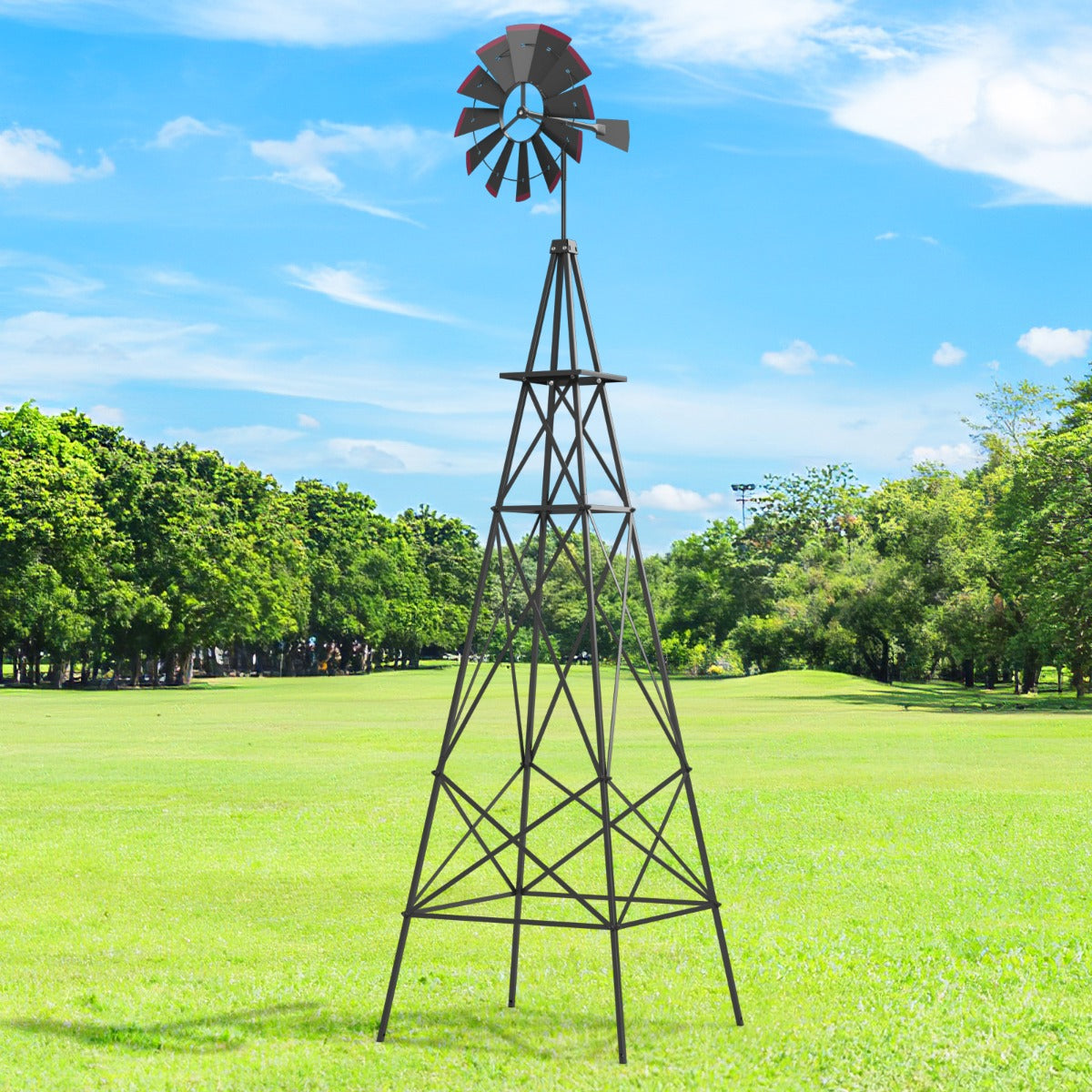 Livsk costway winmolen hoogte 253 cm weerbestendige windmolen van metaal tuindecoratie voor tuin erf en boerderij grijs