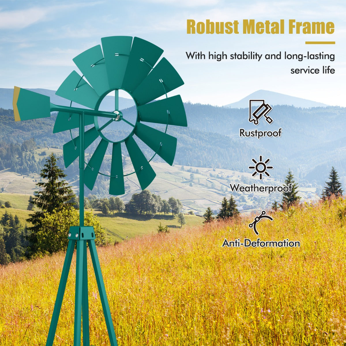 LIVSK Decoratieve Sierwindmolen - 253 cm Hoog - Weerbestendig Metaal - Windrichtingweergave - Stabiele Installatie - Groen