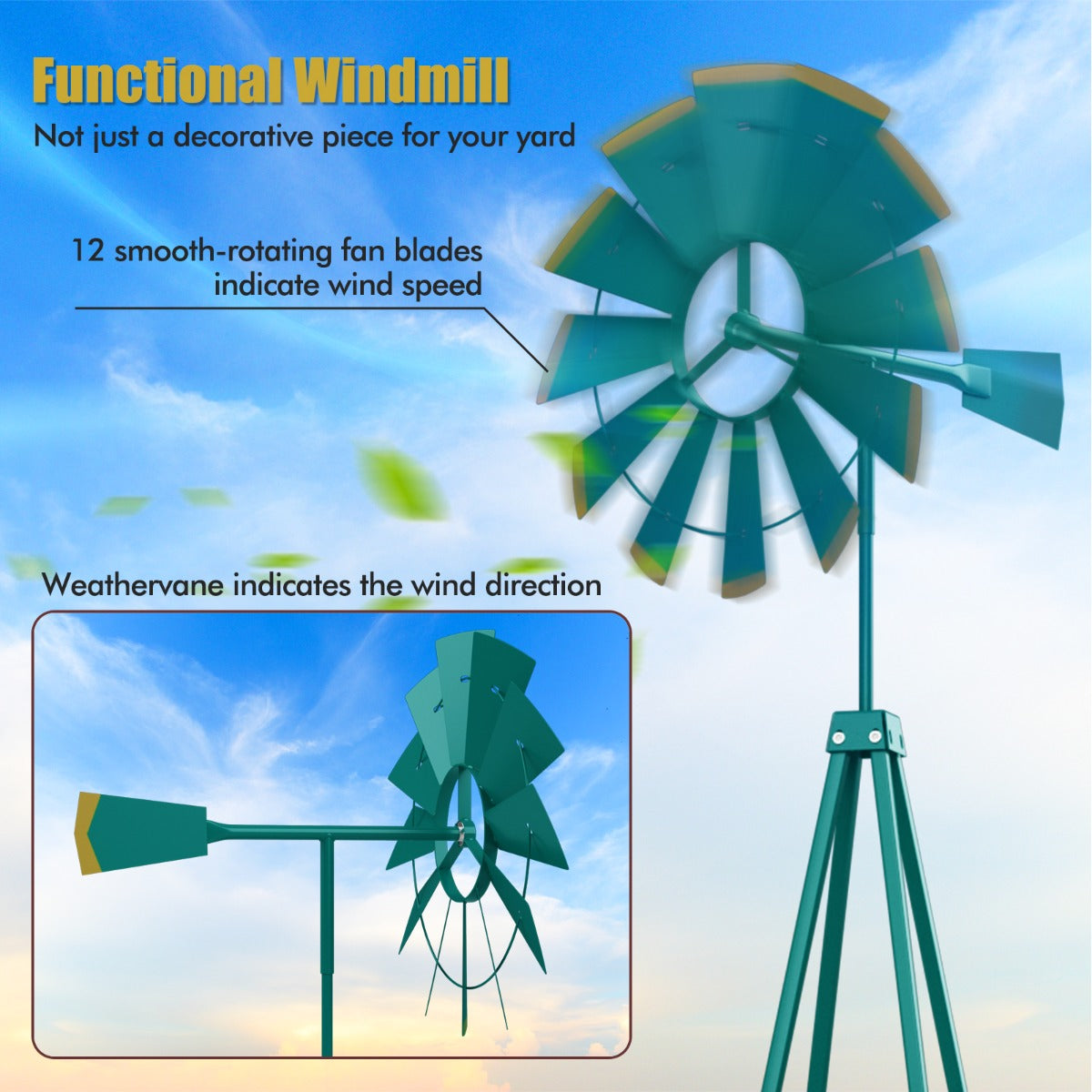 LIVSK Decoratieve Sierwindmolen - 253 cm Hoog - Weerbestendig Metaal - Windrichtingweergave - Stabiele Installatie - Groen