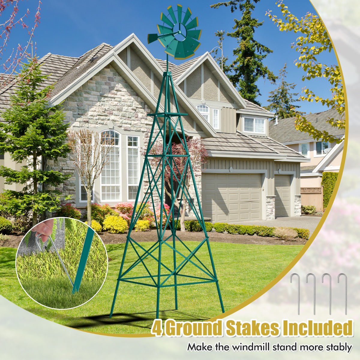 LIVSK Decoratieve Sierwindmolen - 253 cm Hoog - Weerbestendig Metaal - Windrichtingweergave - Stabiele Installatie - Groen