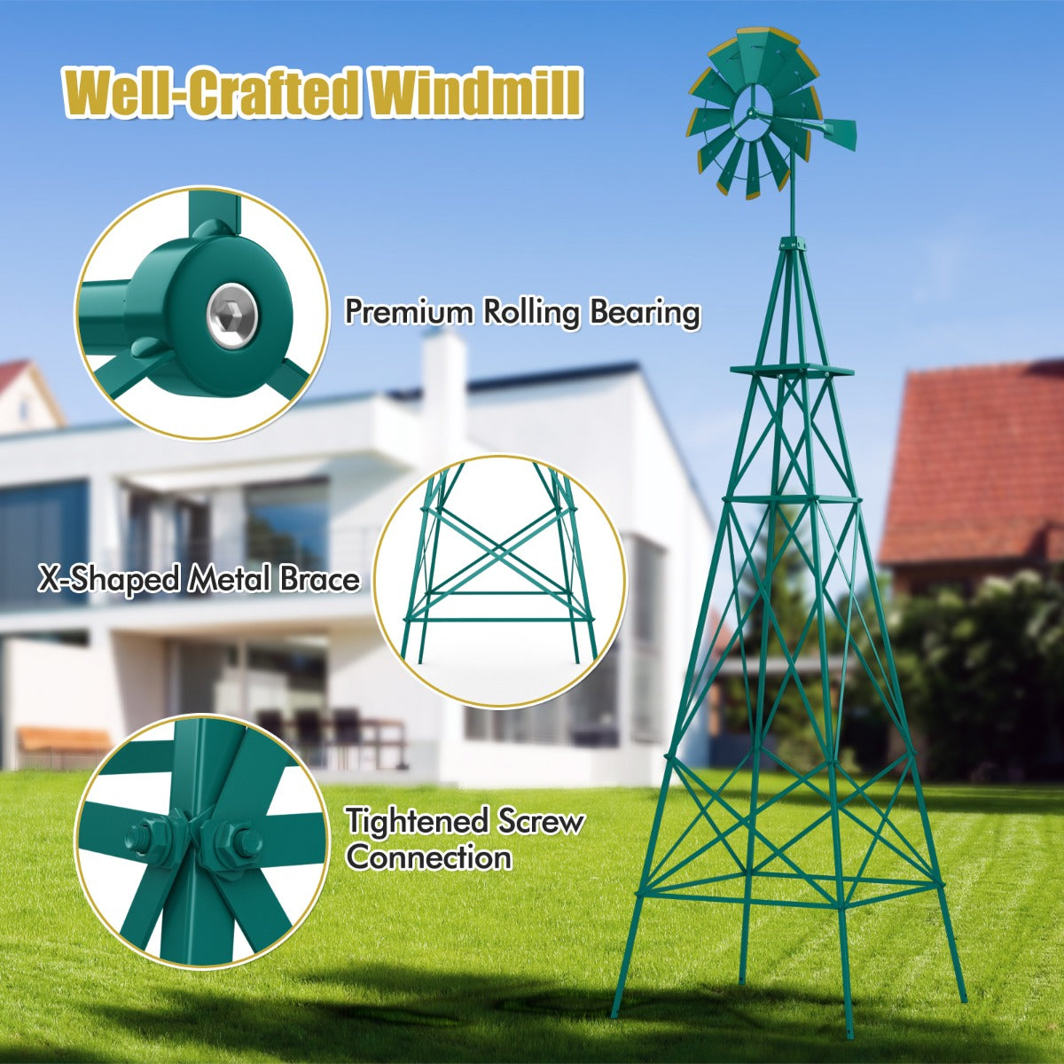 LIVSK Decoratieve Sierwindmolen - 253 cm Hoog - Weerbestendig Metaal - Windrichtingweergave - Stabiele Installatie - Groen